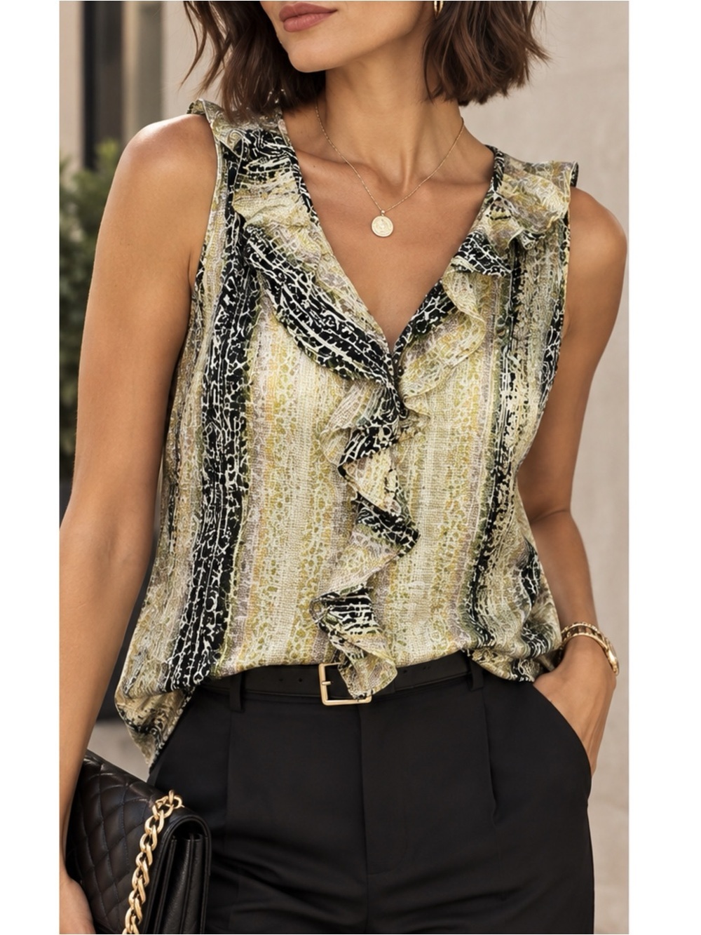 The Limited Tank Top Blouse Womens Sz S Silky Abstract Snakeskin Print Ruffle